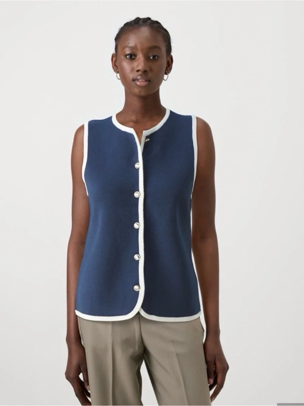 Abercrombie & Fitch Navy Sleeveless Button-Front Knit with White Trim
